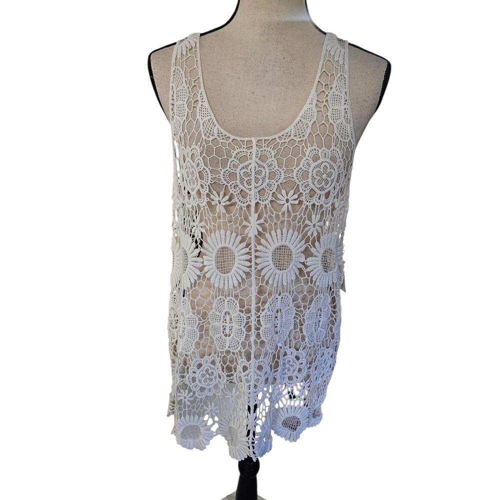 Fever Crochet Top Tunic Sheer Size Med White Fairy Beach Boho Festival Y2K NWT